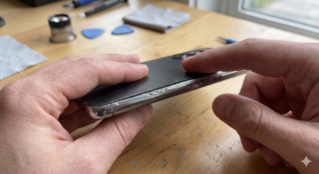 Signs of repair on used Samsung phone — adhesive residue, replaced screen, opened back glass