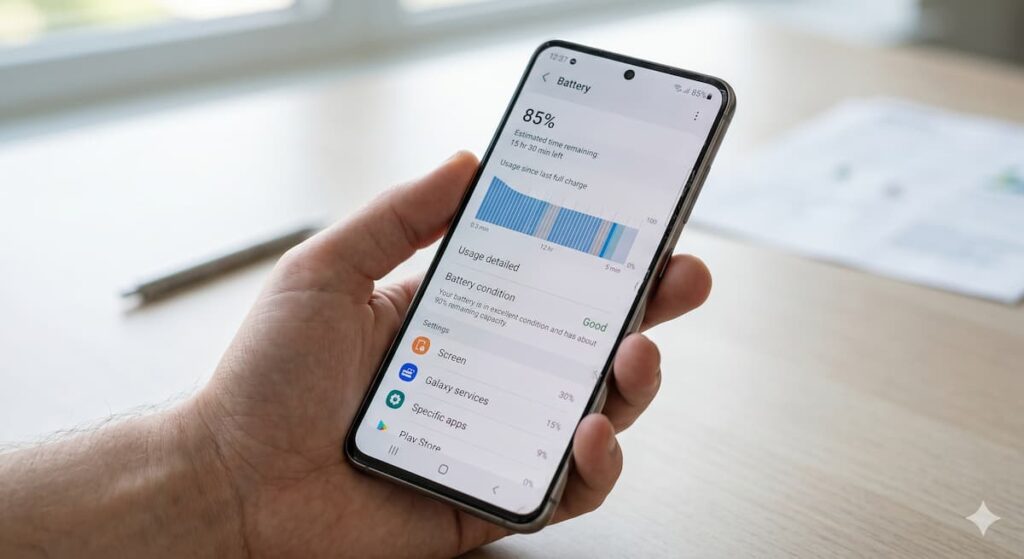 Samsung battery health check in Device Care settings — used Samsung inspection